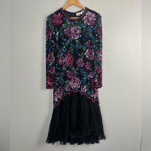 VTG 80s Black Tie Women's Floral Beaded Sequin Ball Gown Midi silk Dress Size 10